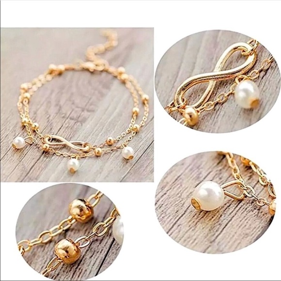 Ankle Bracelet Gold Pearl 2 Chains Infinity Pendant - Picture 4 of 5